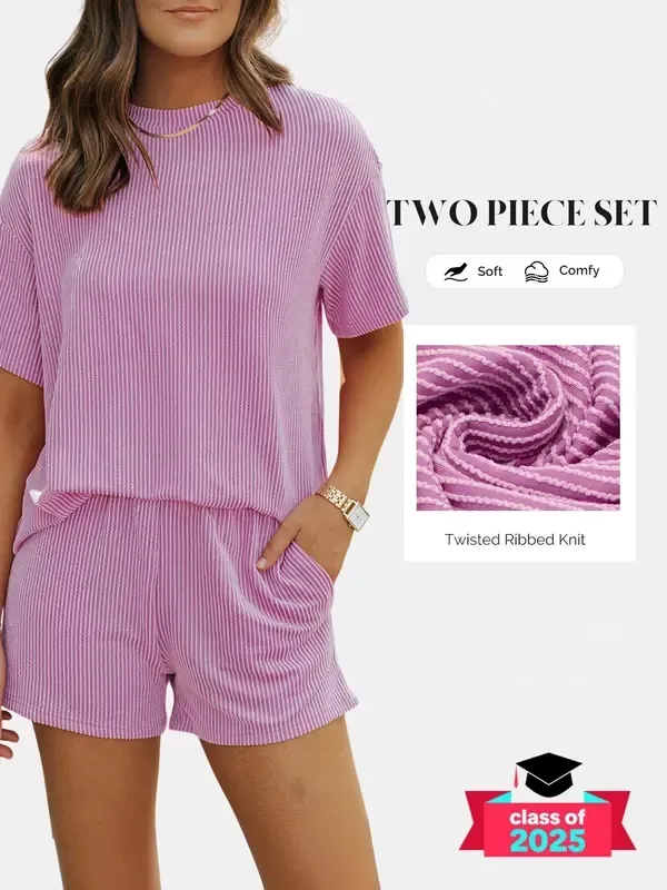 Women's Solid Twisted Ribbed Knit Textured Pocket Shorts Set