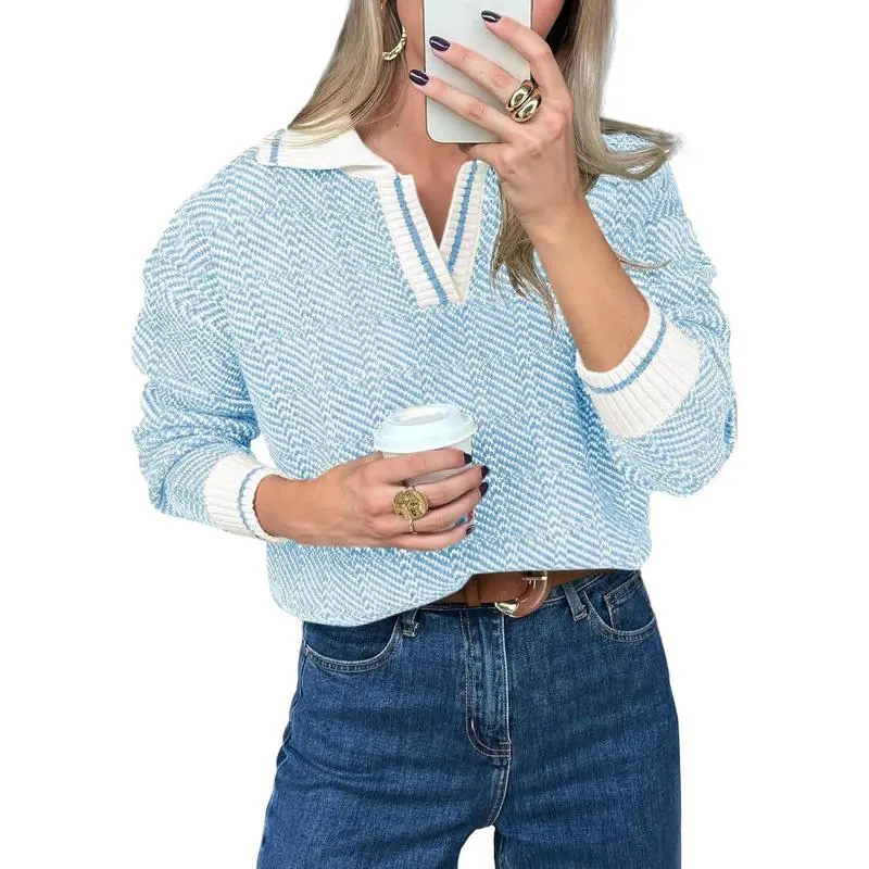 Womens V Neck Knit Sweater Color Block Long Sleeve