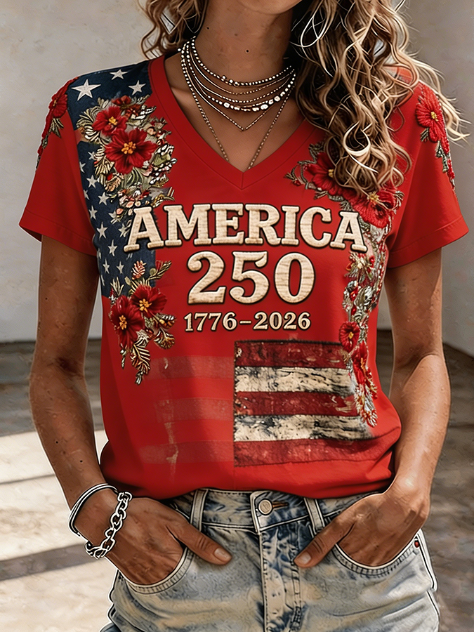 Women's Patriotic 1776-2026 America 250 Floral Embroidered V-Neck T-Shirt