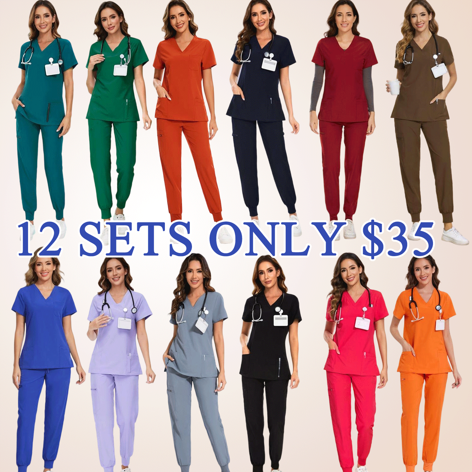 Women’s Stretch V-Neck Scrub Set (Top + Jogger Pants) – 8 Pocket Utility Uniform