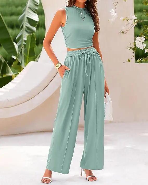 Women's Ribbed 2-Piece Lounge Set – Sleeveless Cropped Top & Wide Leg Pants for Summer Comfort & Style