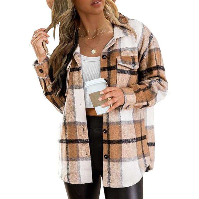 Plus Size Plaid Flannel Shacket – Long Sleeve Button-Down Jacket for Fall & Winter