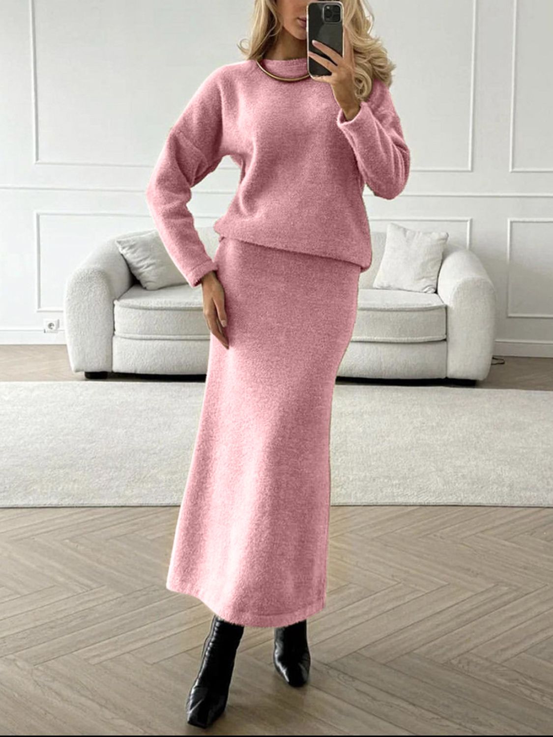 Round Neck Dropped Shoulder Top And Midi Skirt Sweater Set