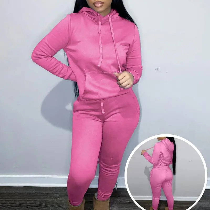 Women's Drawstring Hoodie & Pocket Sweatpants 2-Piece Warm Fleece Set