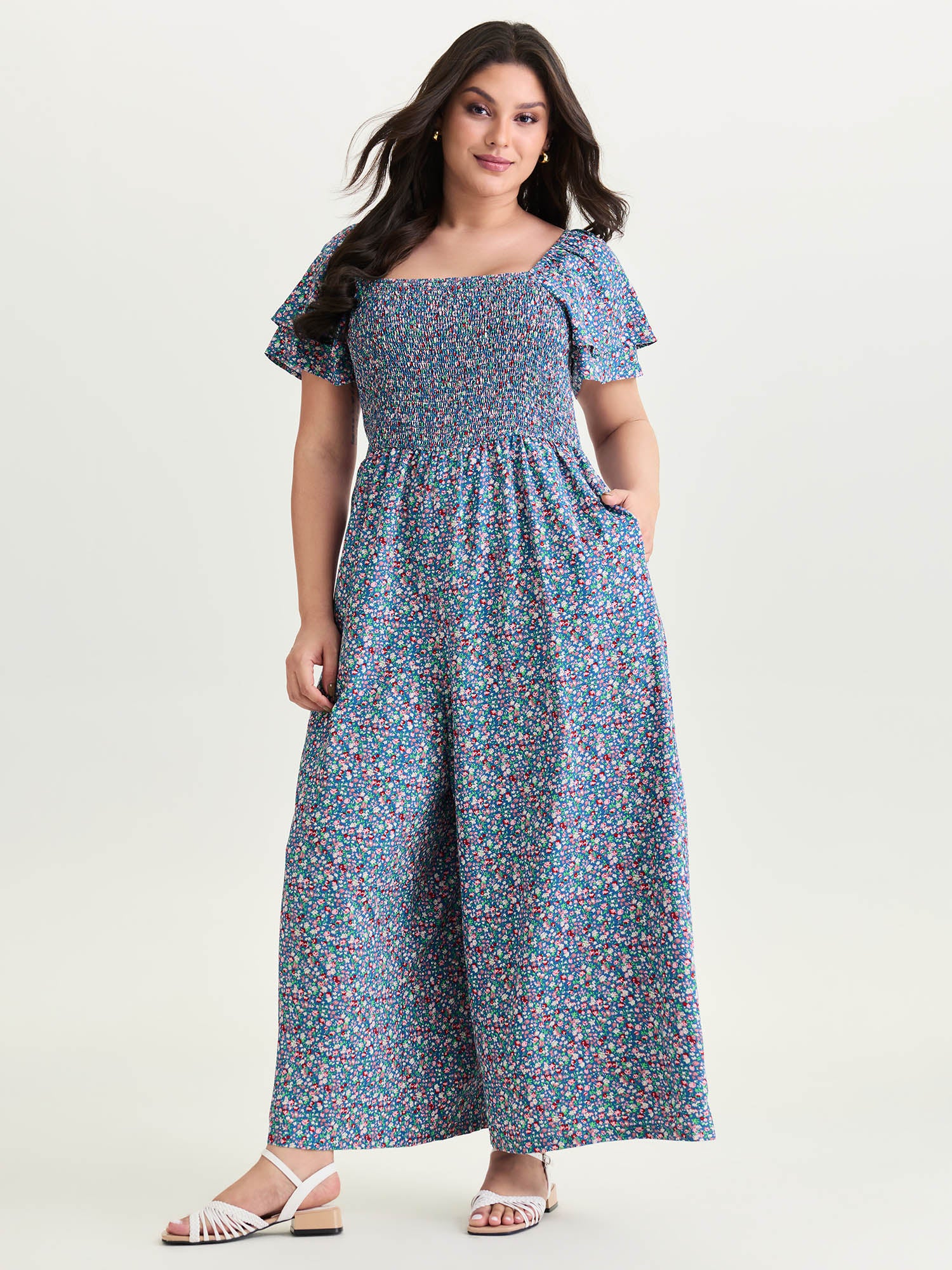 Micro Floral Print Shirred Jumpsuit