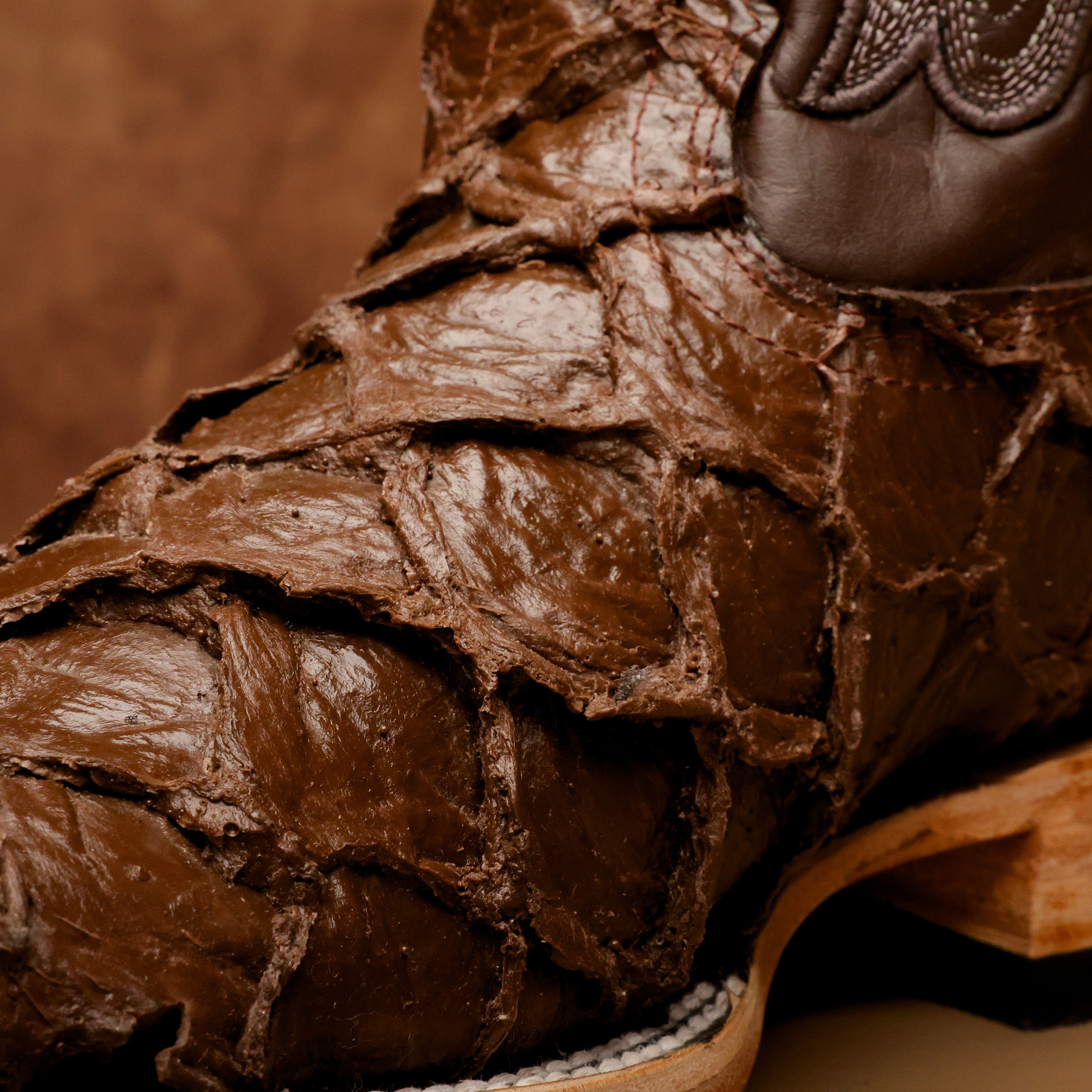 Matte Brown Jumbo Pirarucu Leather Boots - Square Toe