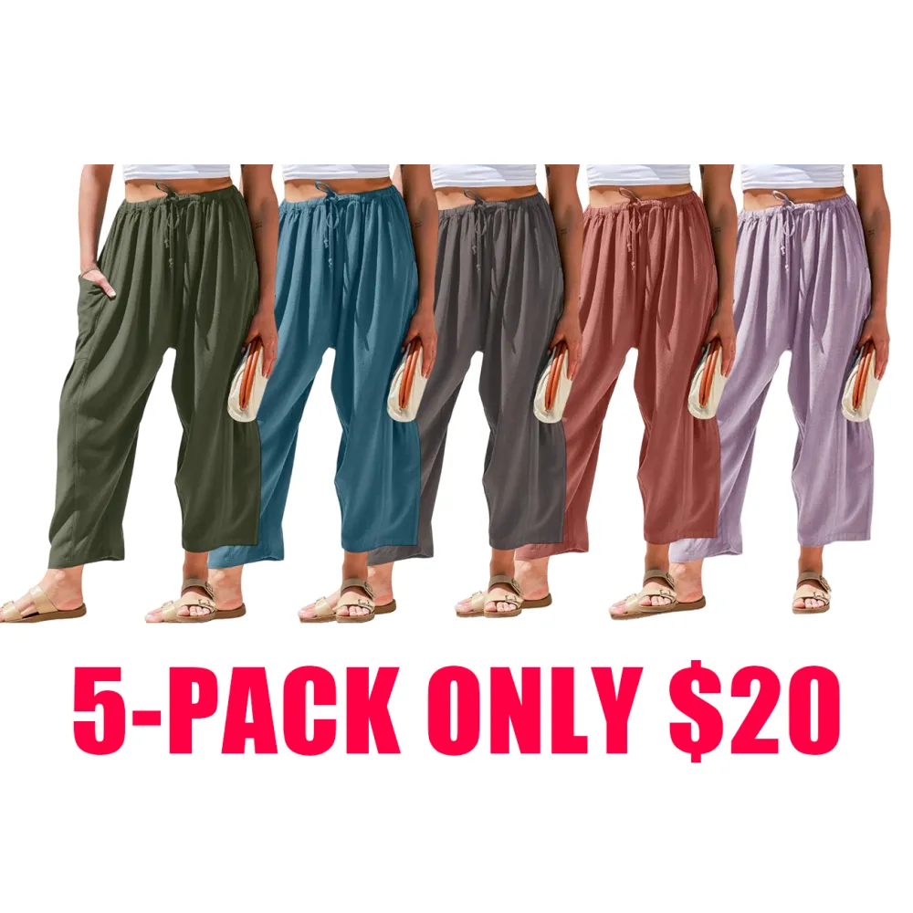 Women's Linen Casual Loose Fit Beach Palazzo Harem Trousers with Pockets