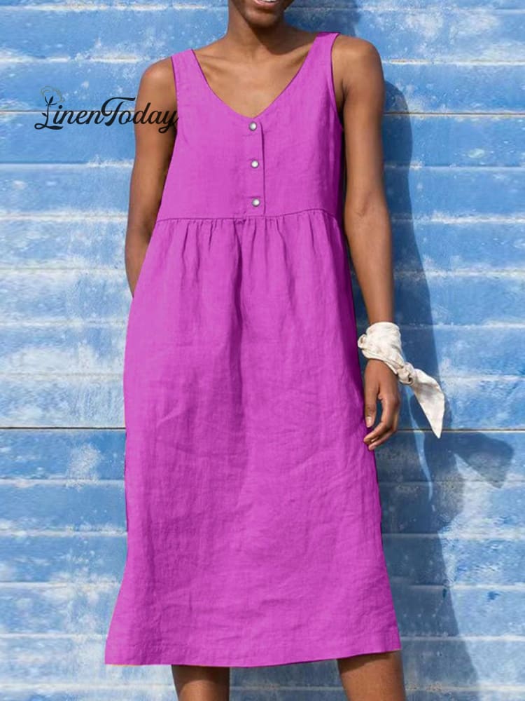 Women's Solid Color Loose Elegant Casual Cotton And Linen Sleeveless Dress
