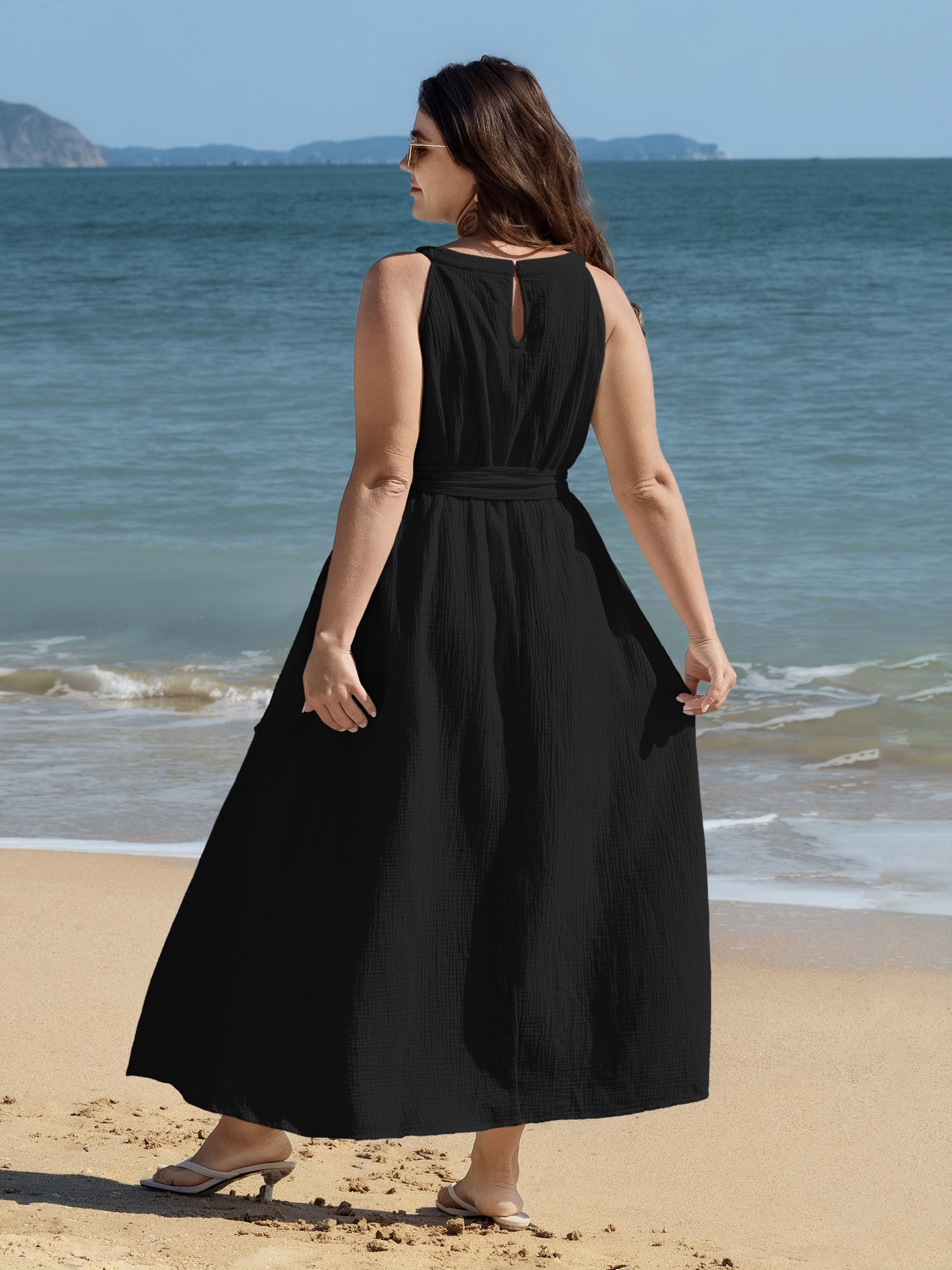 Cotton Sheer Lace Neckline Waist-Tie Maxi Dress