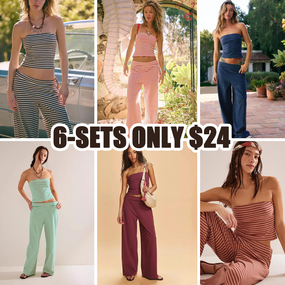 Women's Striped Print Crop Tube Top & Wide Leg Pants Set, Street Fashion Casual Two-piece Set for Daily Wear, Ladies Summer Clothes, Womenswear