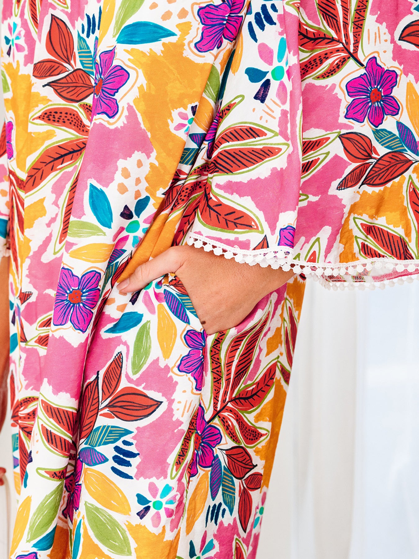 Floral Print Lace Trimmed Tie Back Bell Sleeve Swing Mini Dress