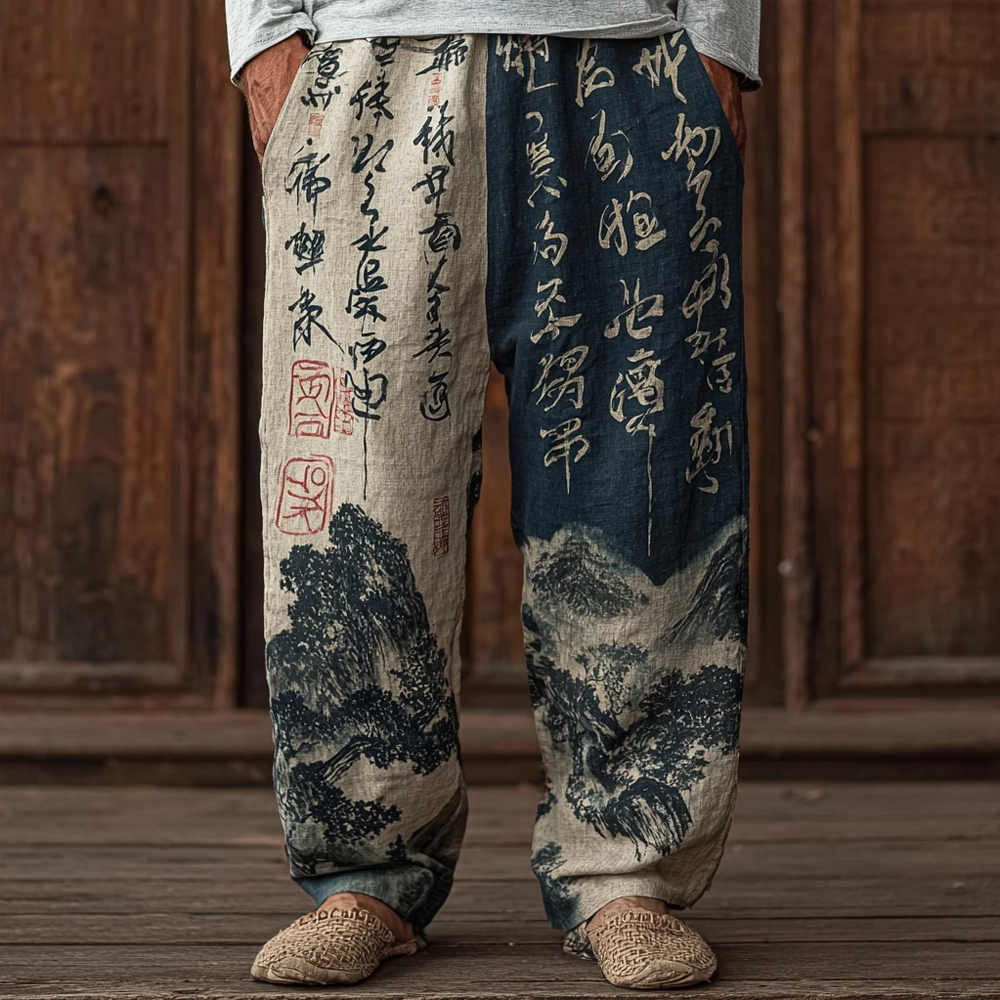 Men's Japanese Landscape Calligraphy Art Casual Linen Pants