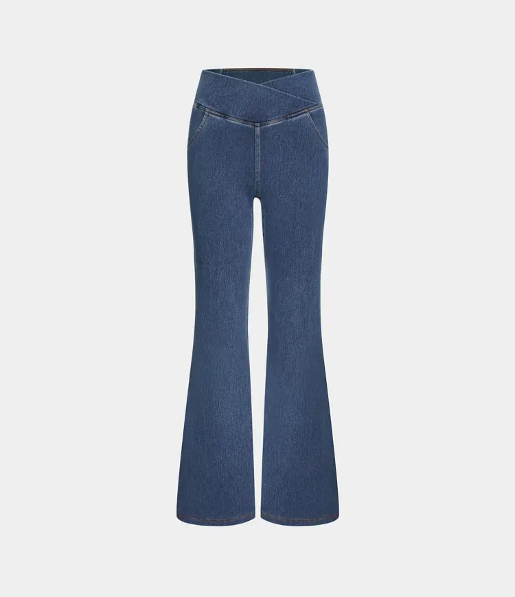 High Waisted Crossover Pocket Washed Stretchy Knit Denim Casual Super Flare Pants