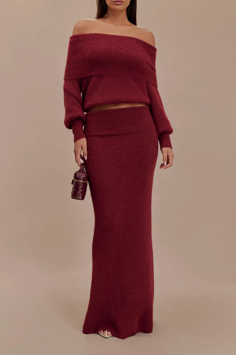 Skinny Knit Maxi Skirt With Overlay