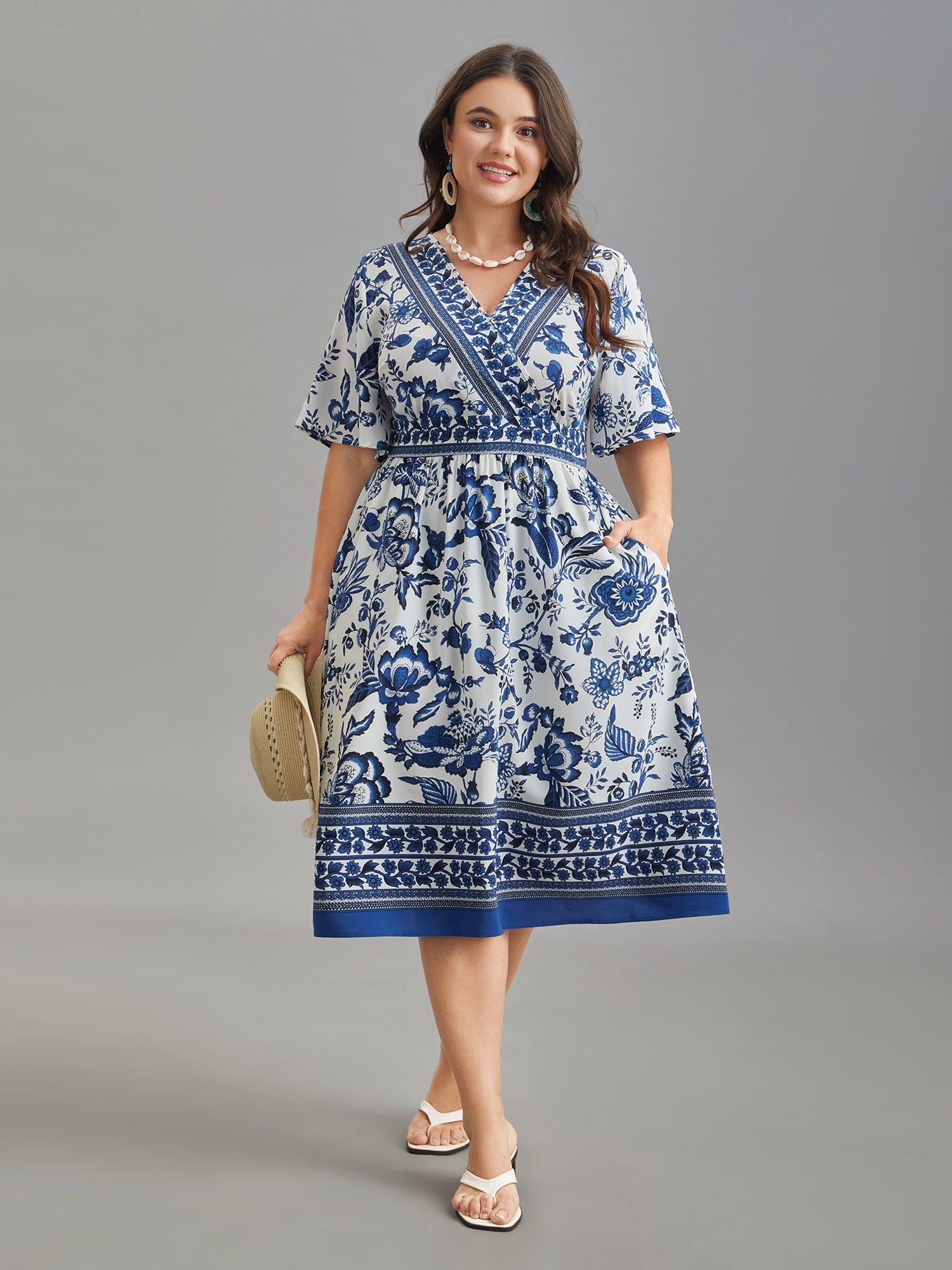Floral Print Wrap-Neck Pocket Midi Dress