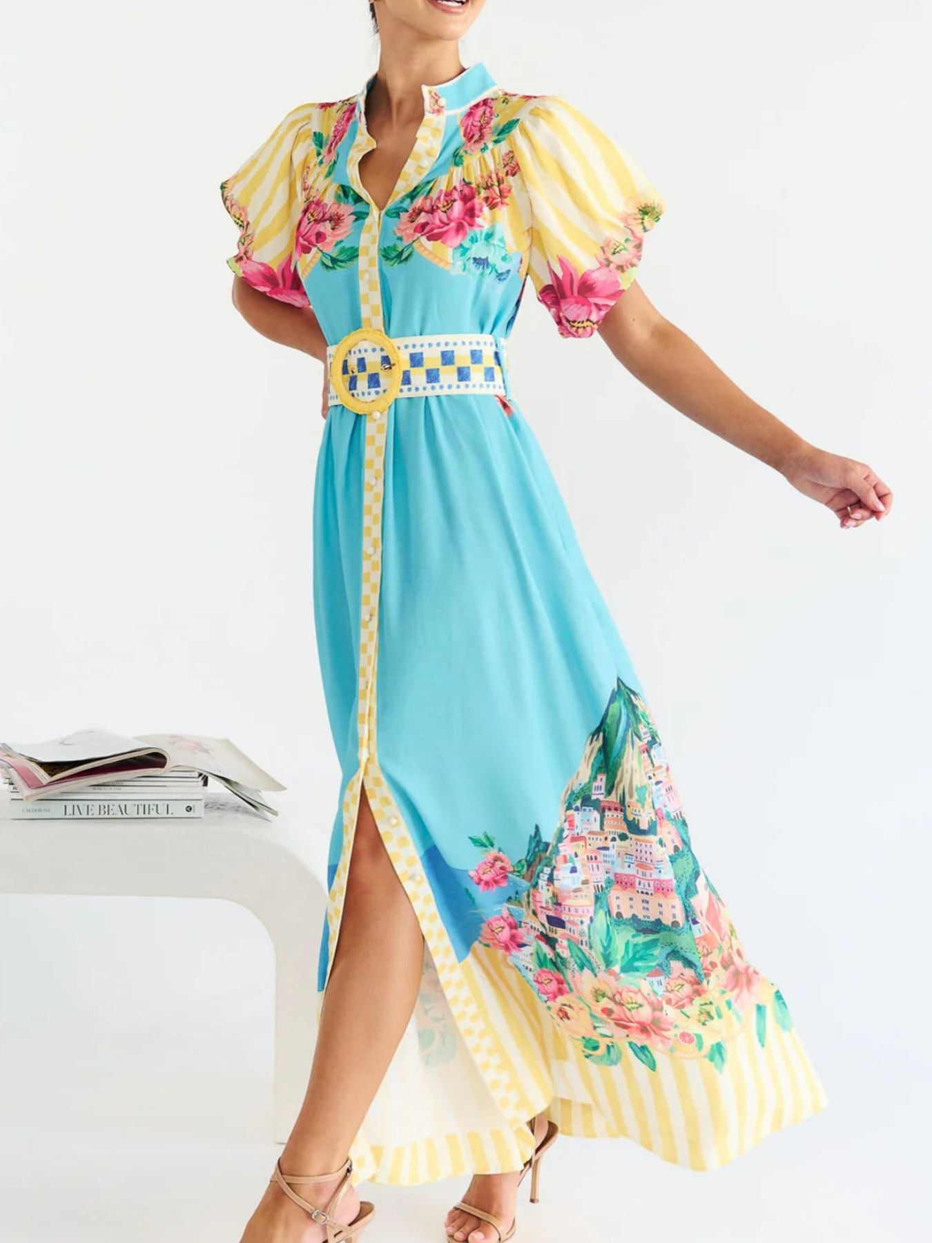 Printed Button Front Puff Sleeve Maxi Dress