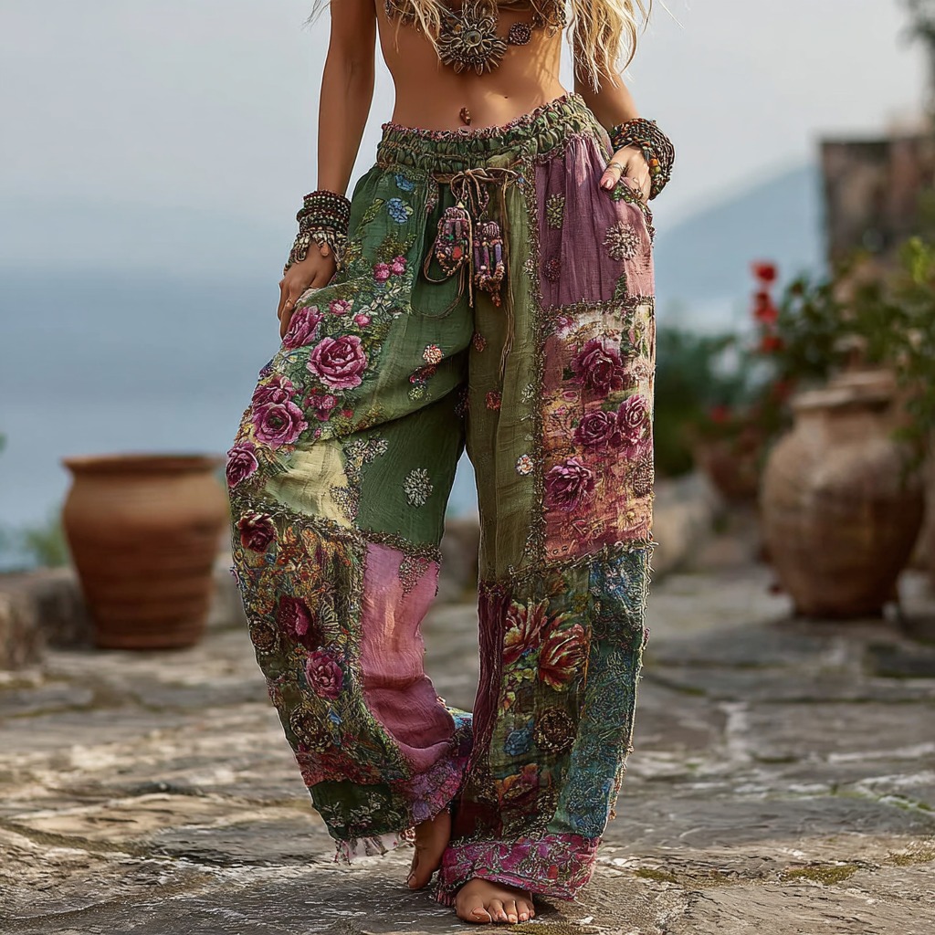 Women's Vintage Floral Pattern Casual Linen Pants