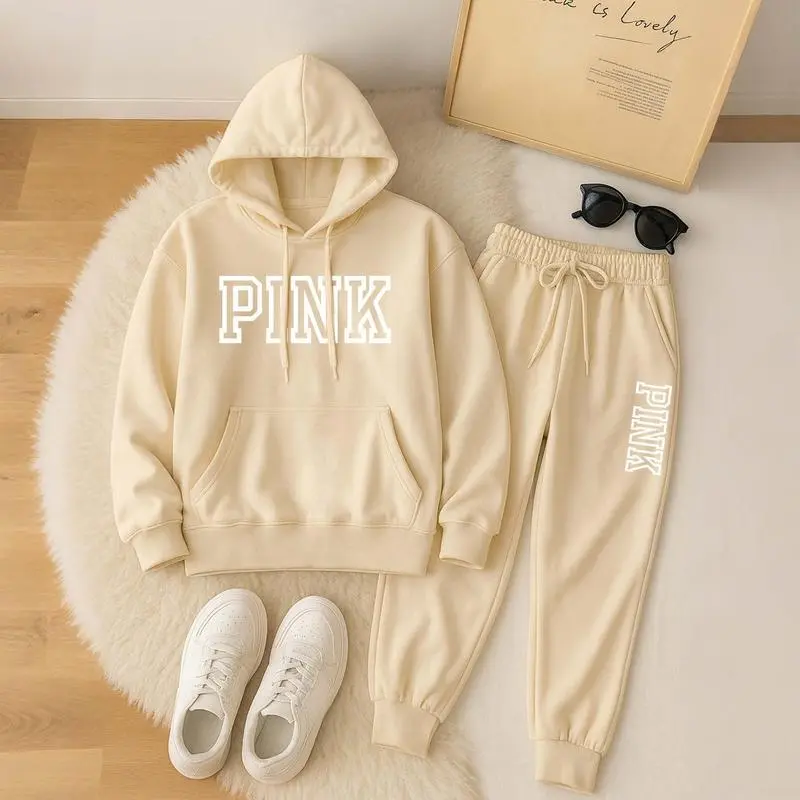 Women’s Pink Printed Hoodie & Drawstring Pants Casual Set