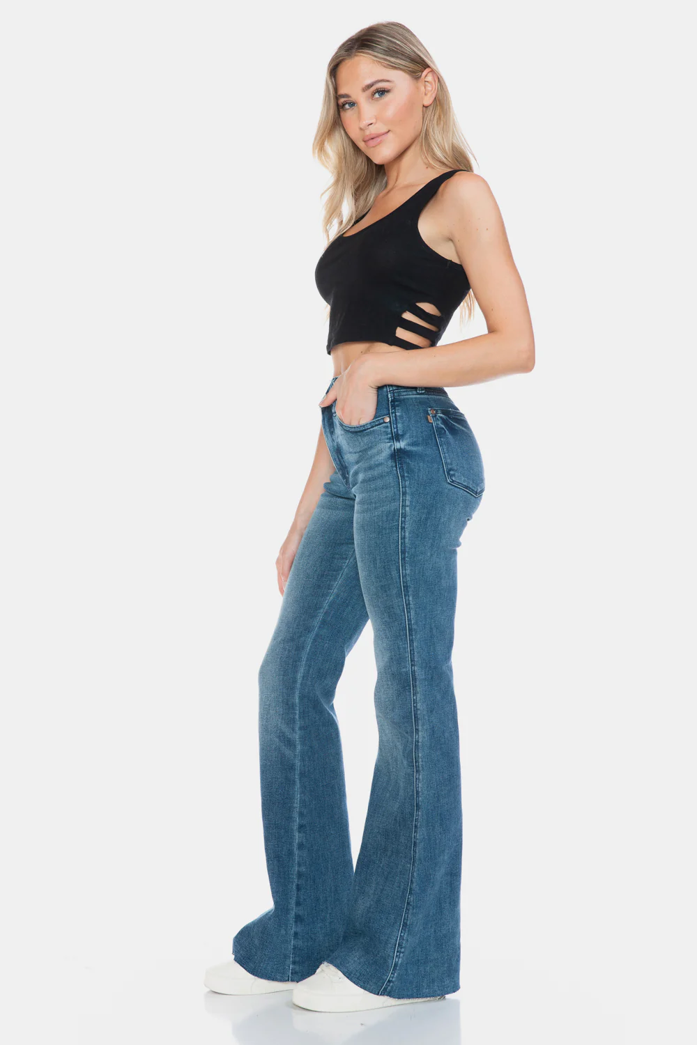 Blue Full Size Tummy Control Cut Hem Flare Jeans