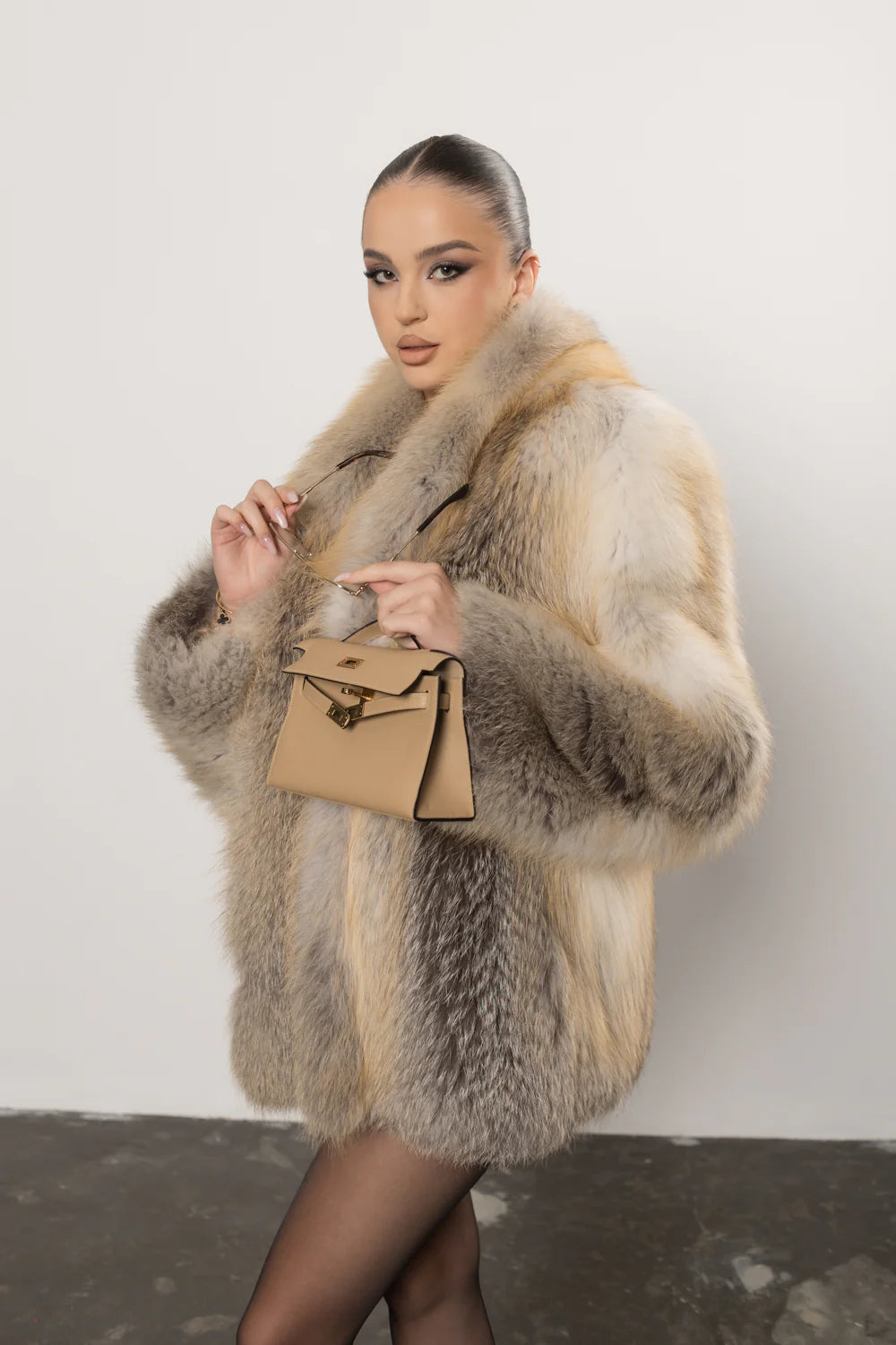 Haină din Blană Naturală de Vulpe, cu Guler Rever Șal, Femei, Golden Fox 436