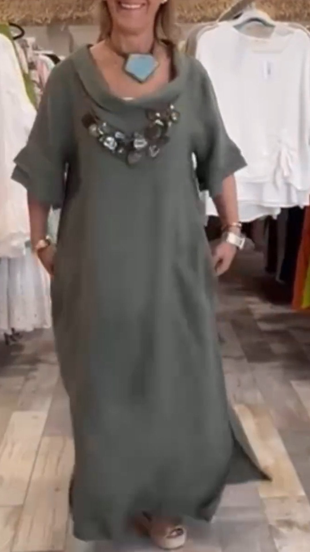 Women's Round Neck Mid-sleeve Cotton and Linen Dress