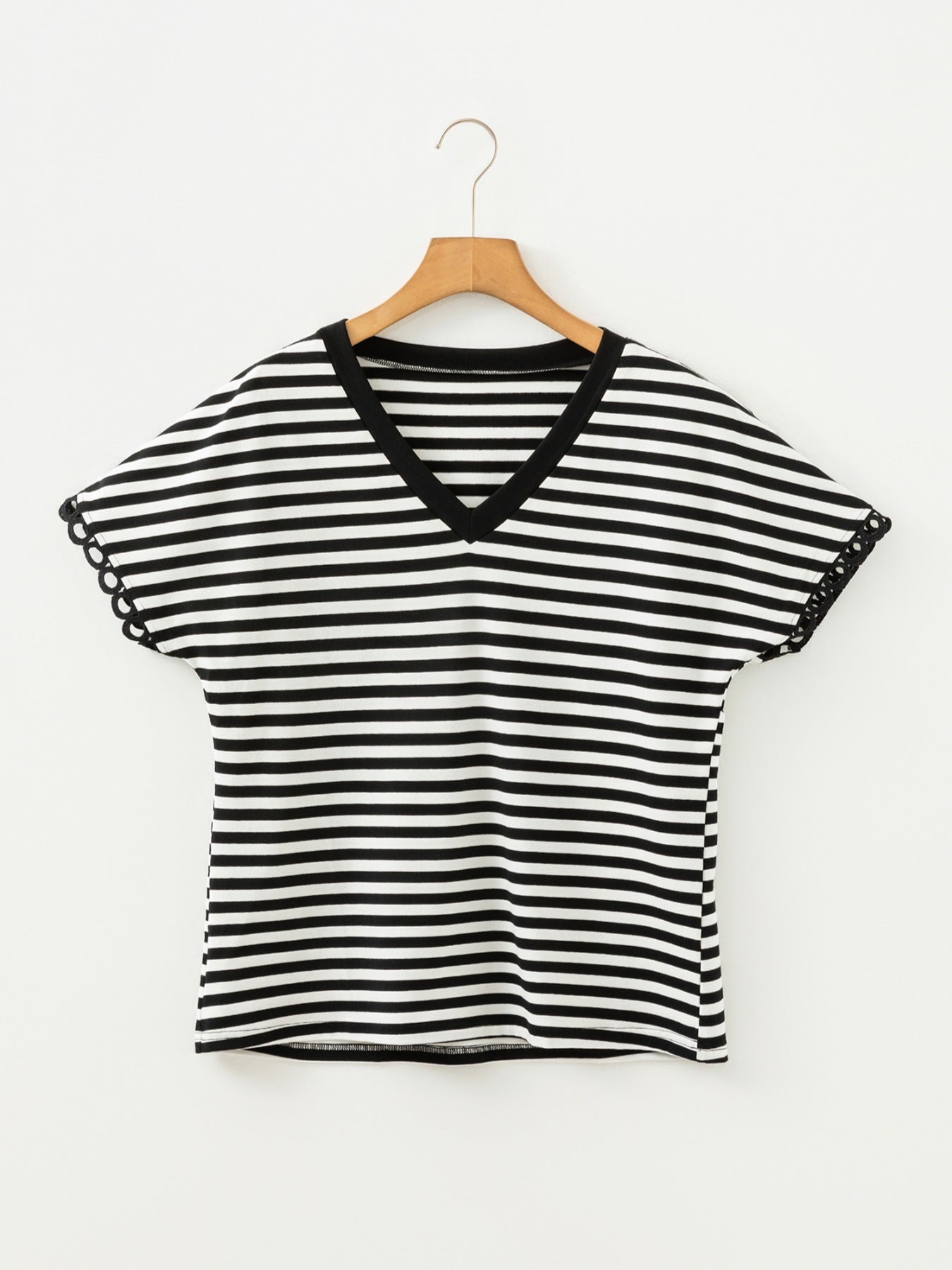 Striped V-Neck Scalloped Short Sleeve T-Shirt