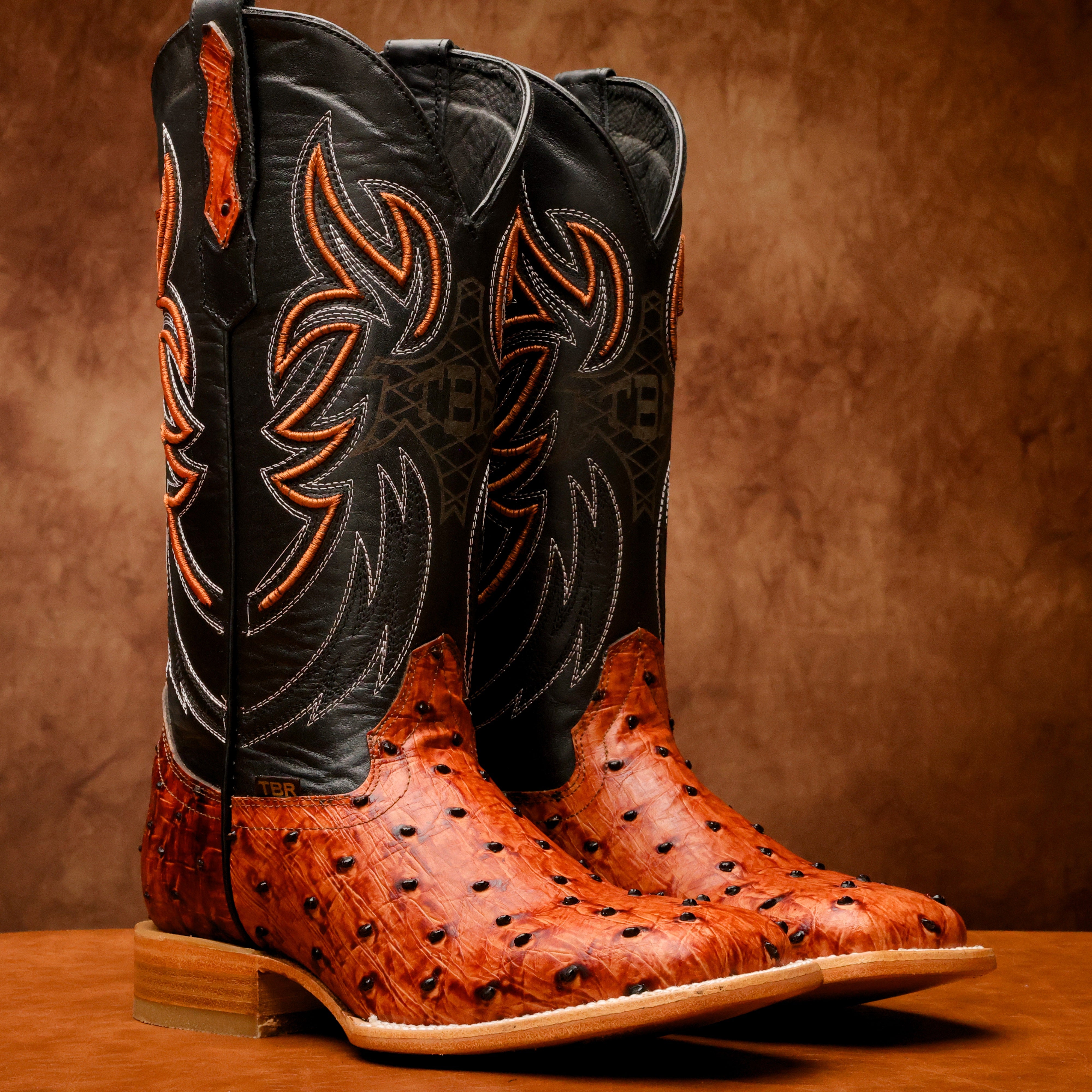 Cognac Ostrich Leather Boots - Square Toe