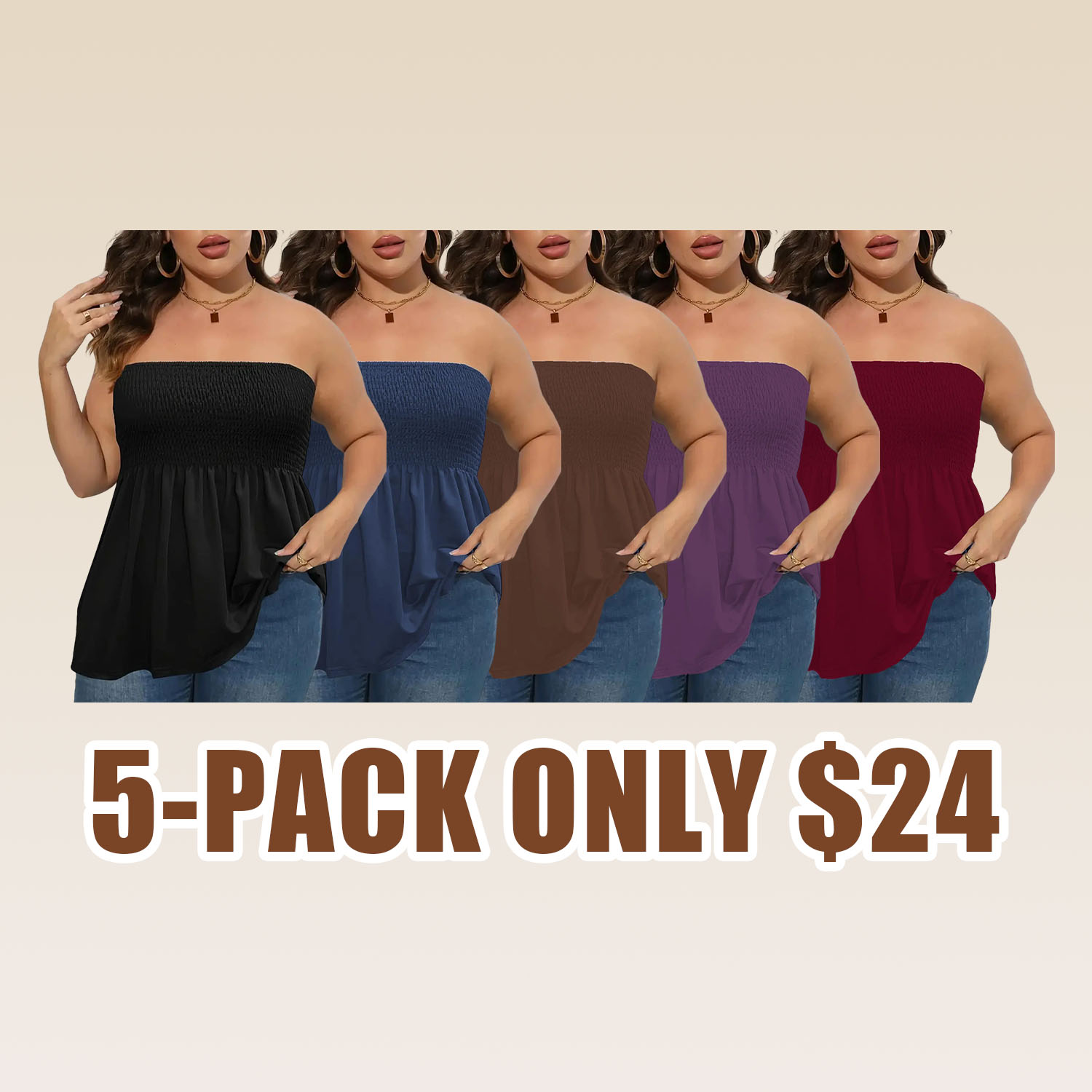 Plus Size Solid Ruffle Hem Shirred Tube Top, Boho Fashion Chic Style Tops, Lady Strapless Top, Womenswear, Casual Sleeveless Strapless Black Top