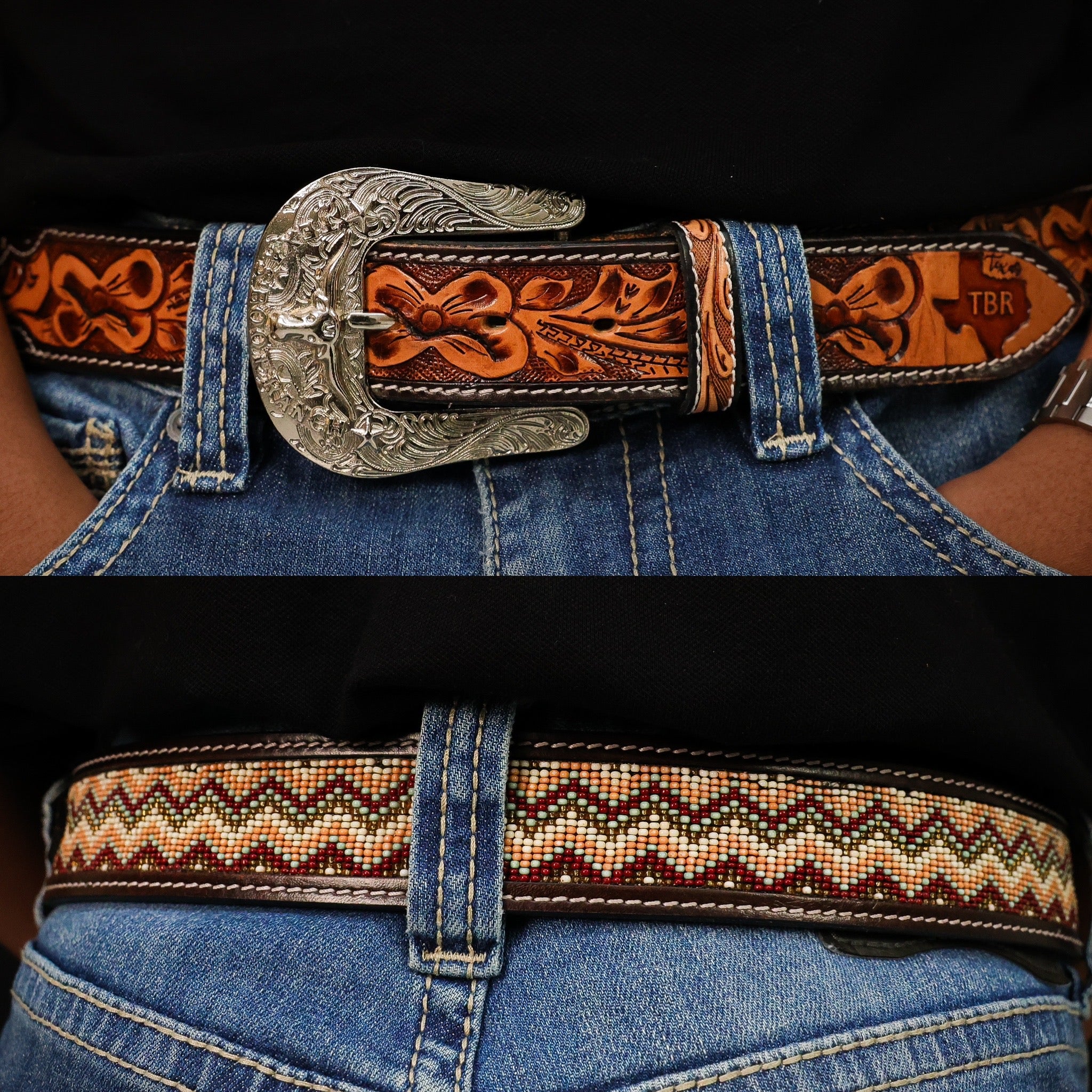 Hand-Tooled Artesanal Beaded Leather Belt