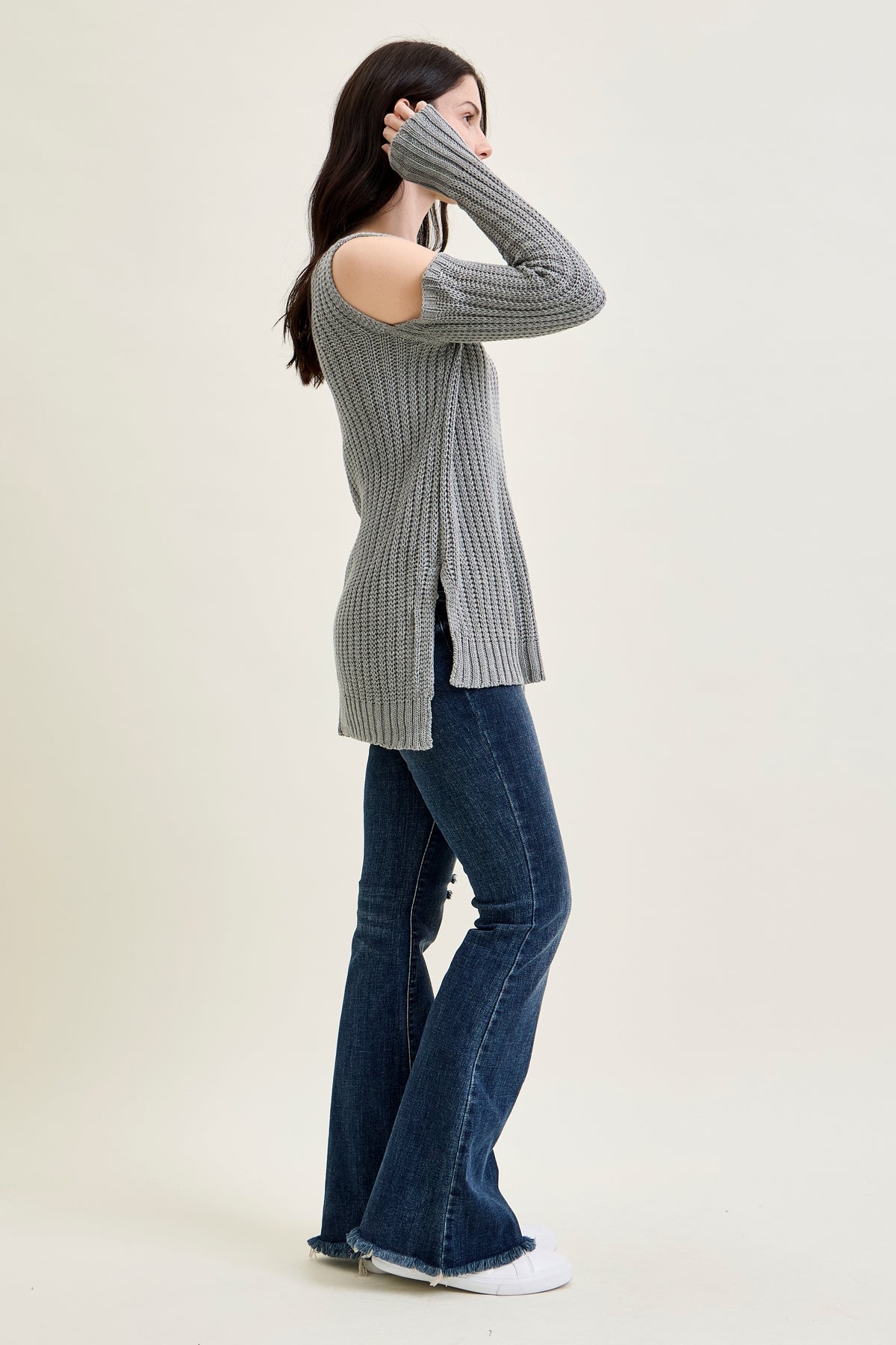 Cold Shoulder Pullover Grey Sweater