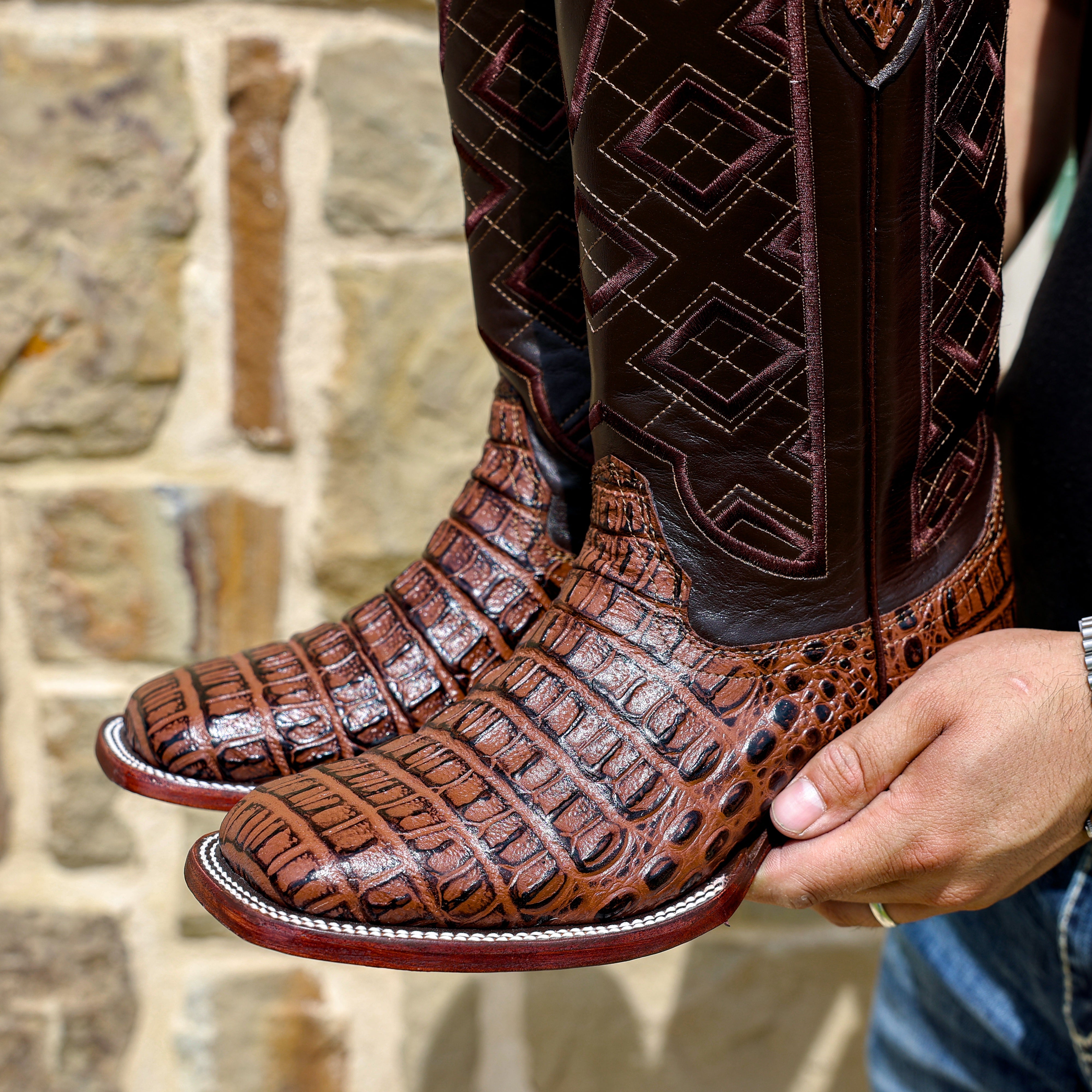 Brown Caiman Hornback Leather Boots - Square Toe