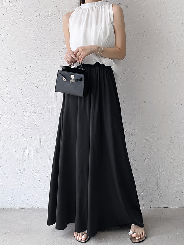 Elasticity Pleated Solid Color High Waisted Loose Pants Culotte