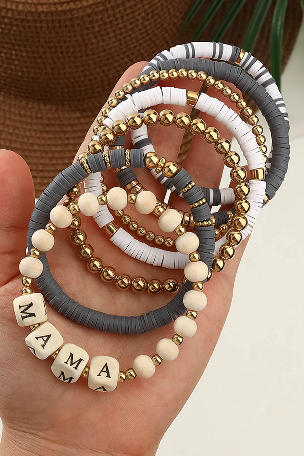 Gray MAMA Beaded Multi Layered Bracelet