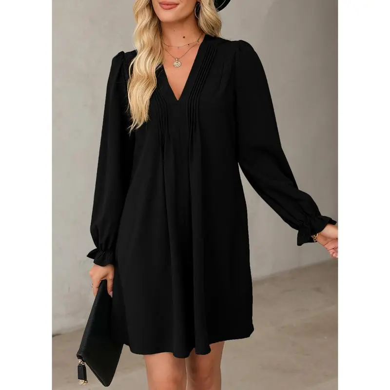 Womens Casual Dress A-Line Ruffle Sleeve V Neck Midi Dress