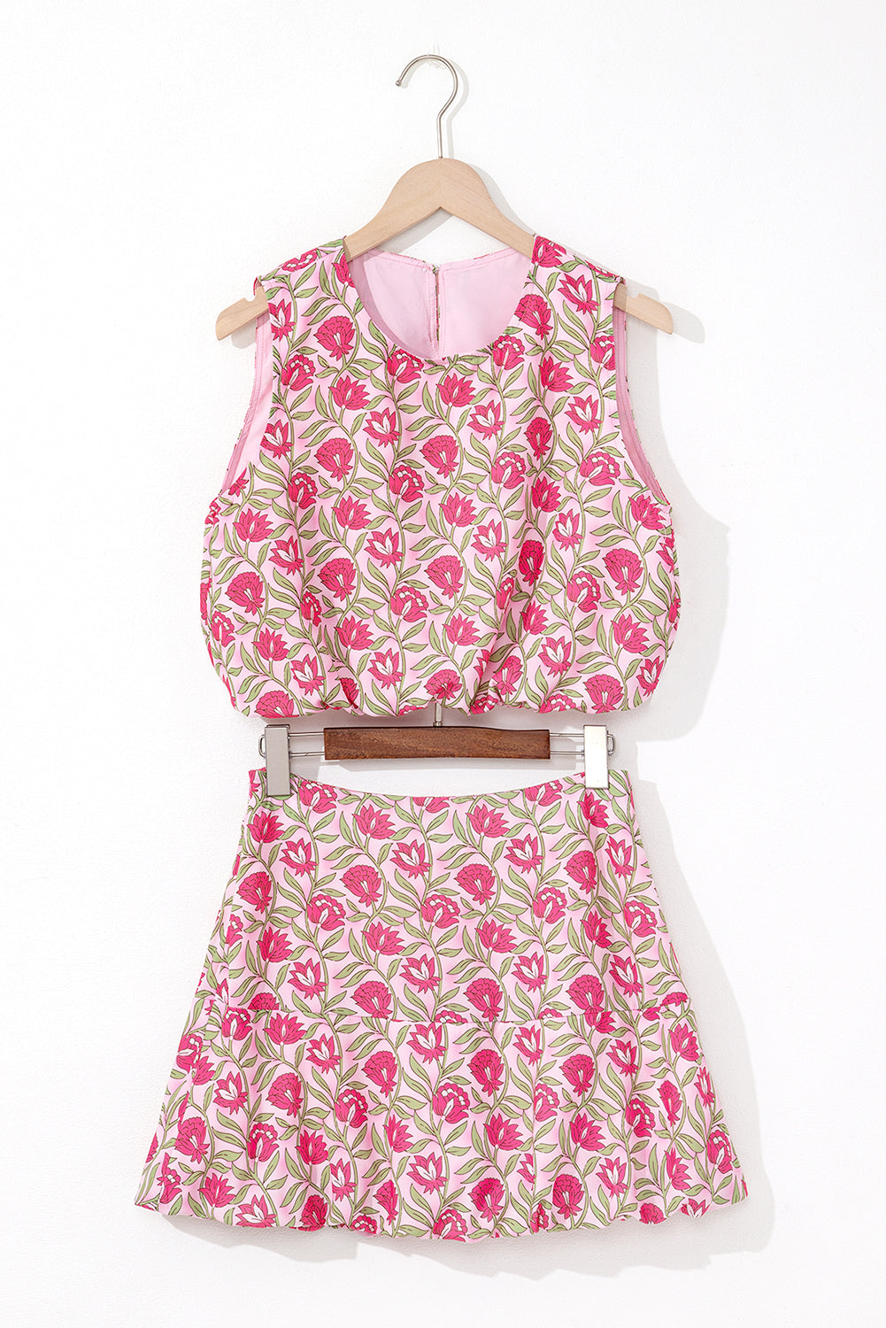 Pink Floral Print Puffy Cropped Tank And Mini Skirt Set