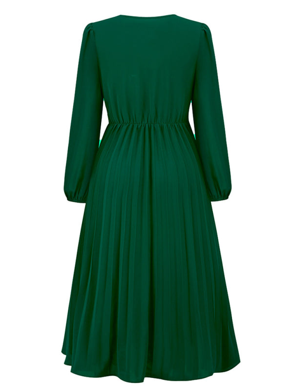 Long Sleeve Slim Pleated Belt V-Neck Dress A-Line Skirt