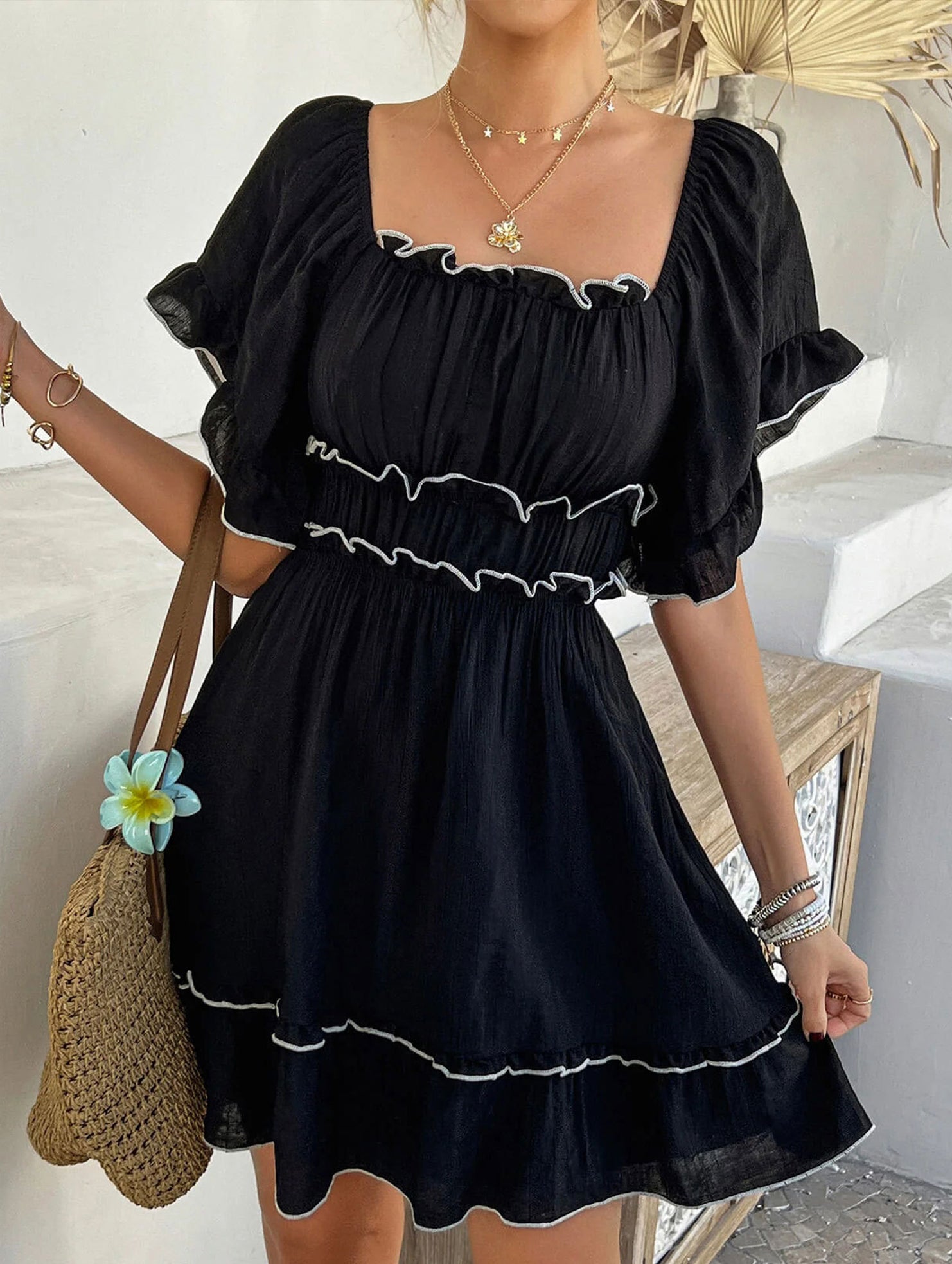 French Square Neck Ruffle A Line Dress