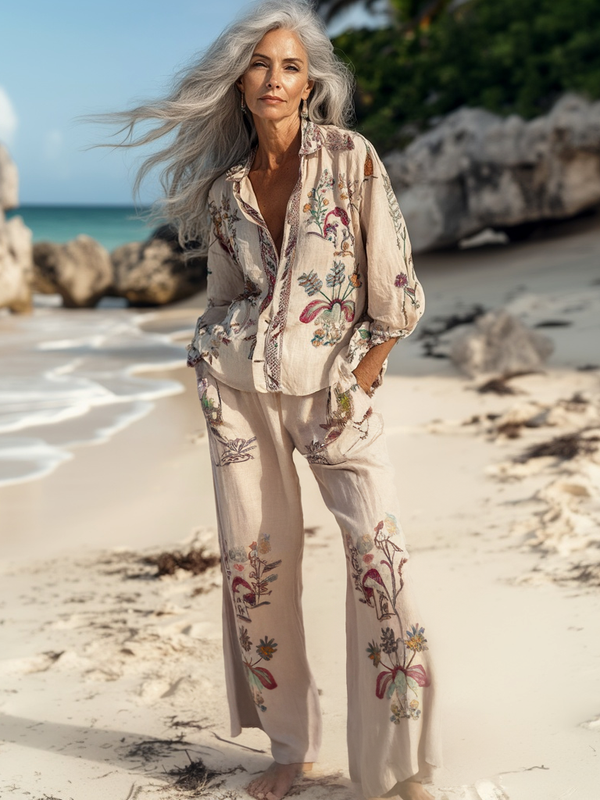 Vacation seaside elegant embroidery top + pant two piece set d577