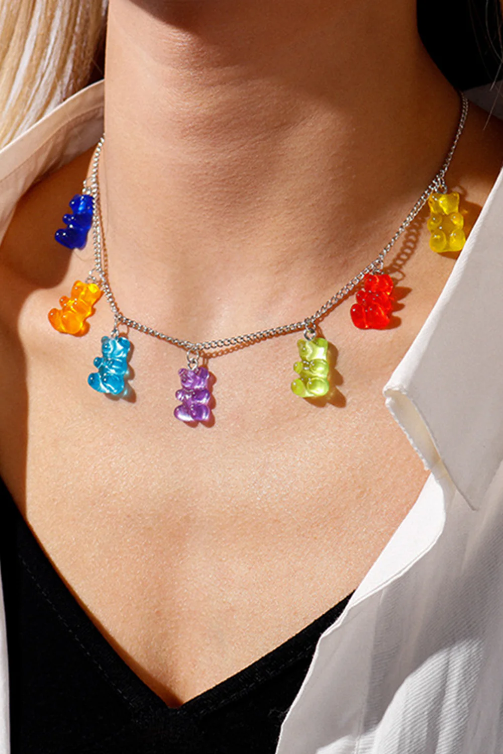 Silvery Gummy Bear Charm Adjustable Chain Necklace