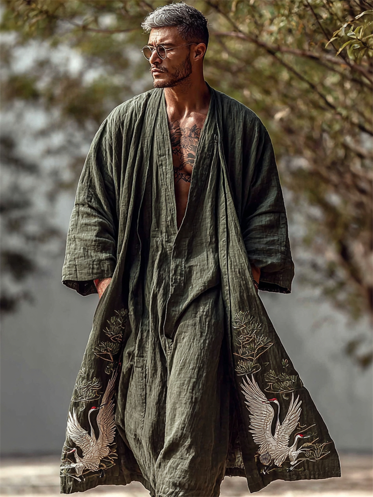 Men's Japanese Cranes & Pine Trees Linen Long Kimono