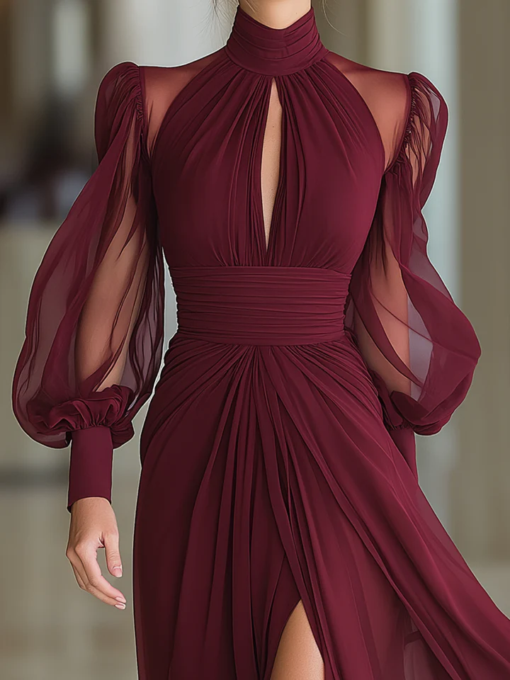 Burgundy High-necked Tulle Pleated Slit Maxi Dress