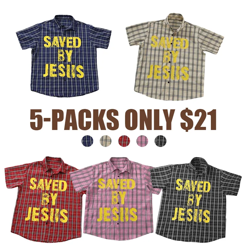 🔥5COLORS-$21 TODAY ONLY🔥 “SAVED BY JESUS” Plaid Shirt – Bold Faith Meets Everyday Style