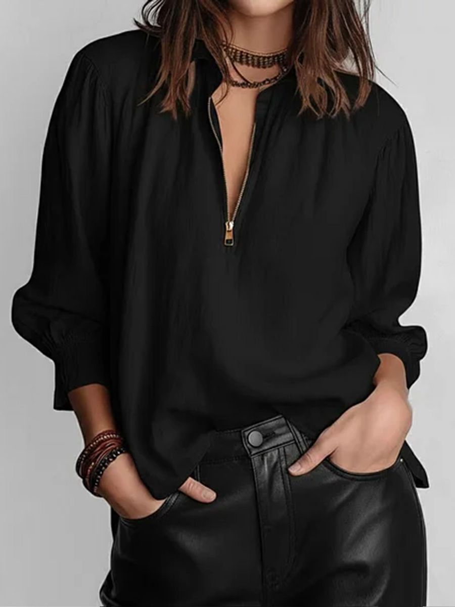 Women's Solid Color Lapel Long-sleeved Casual Loose Cotton And Linen Top