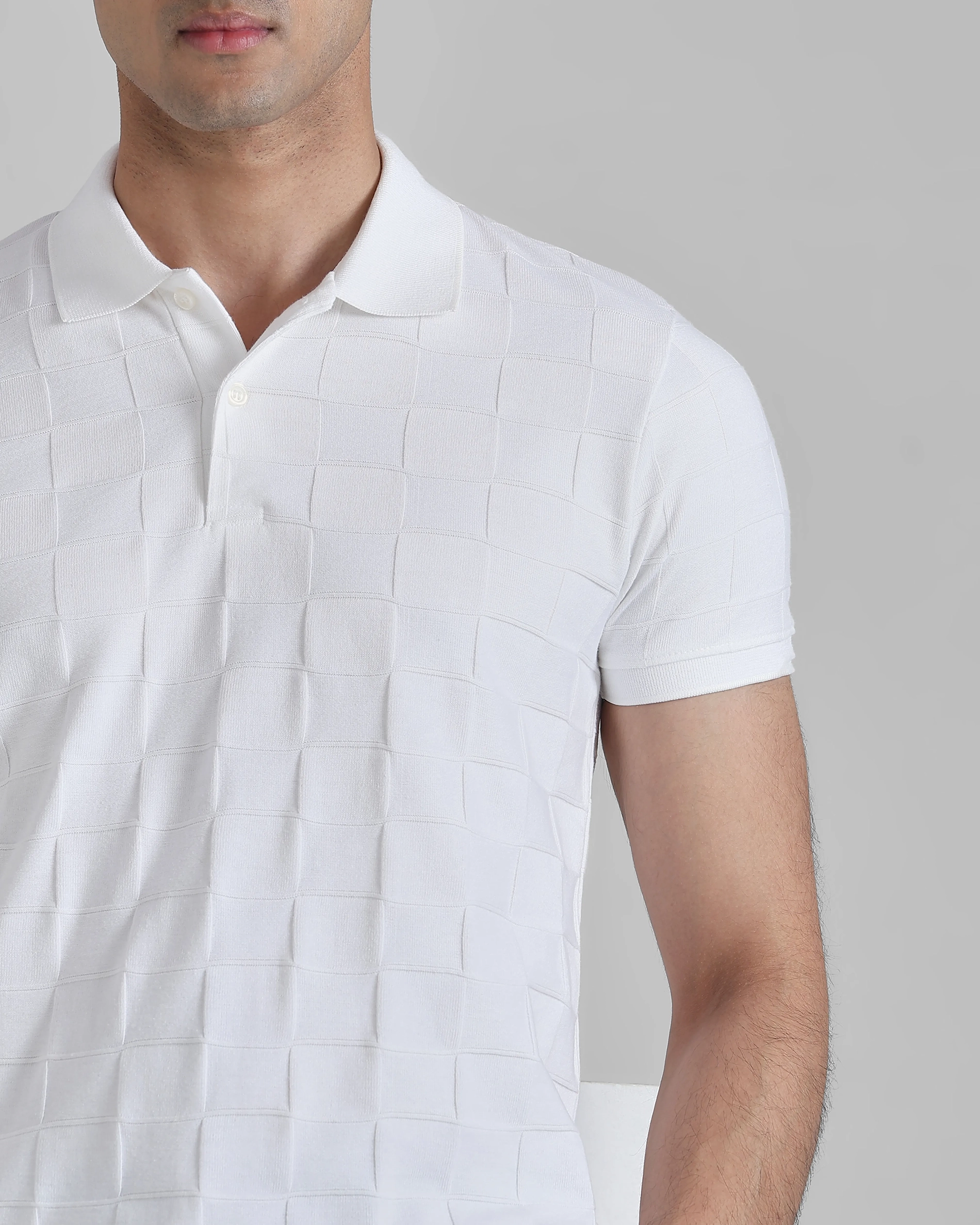 Casual Minimalist White Plaid Texture Polo Shirt