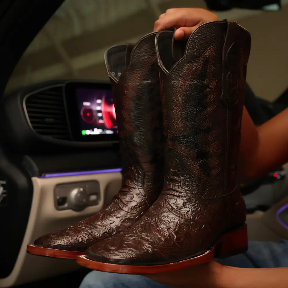 Cinnamon Brown Hand-Tooled Leather Boots — Square Toe