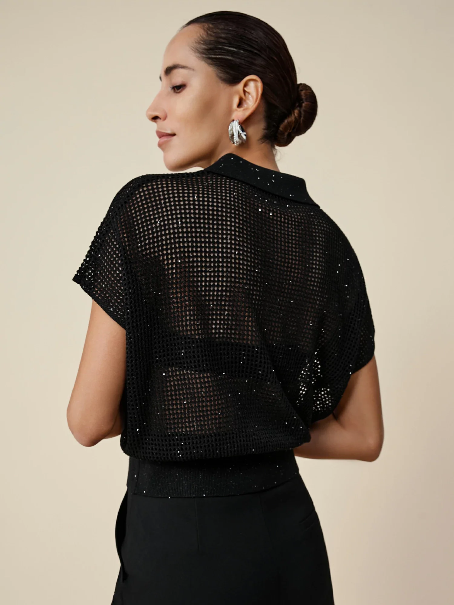 Lyocell & Linen Polo Neck Sequin Openwork Shirt