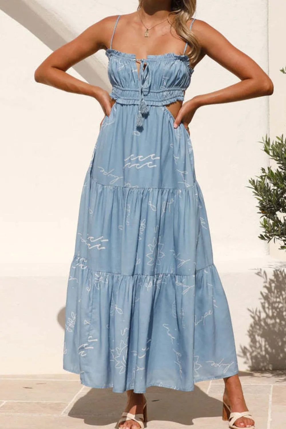 Cutout Printed Sleeveless Midi Cami Dress