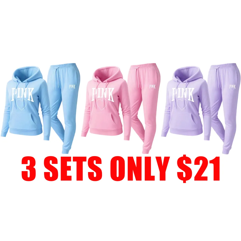 Women’s Pink Heart Print Hoodie & Drawstring Sweatpants Set