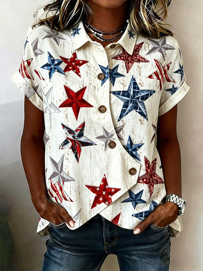 Women's Casual American Pentagram Striped Printed Top