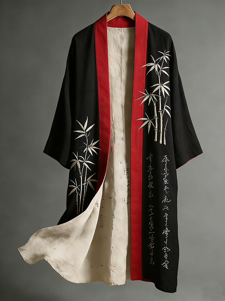 Vintage Japanese Art Ink Bamboo Print Flowing Kimono